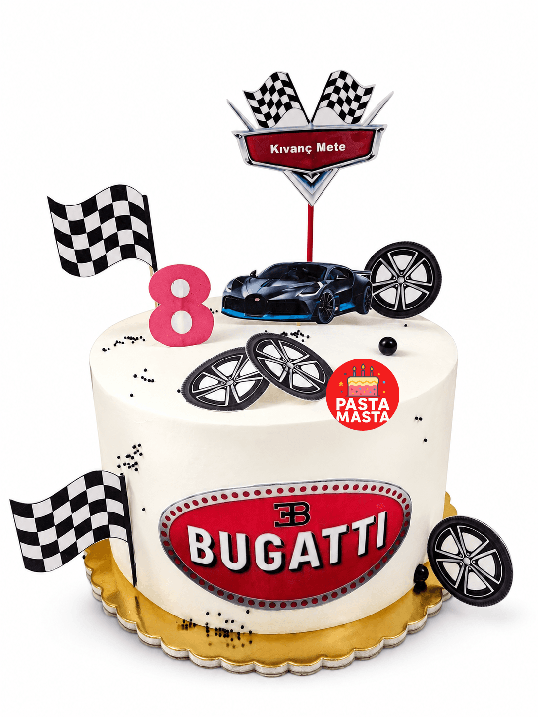 Bugatti spor araba ve damalı bayrak figürlü, yarış temalı çocuk doğum günü pastası