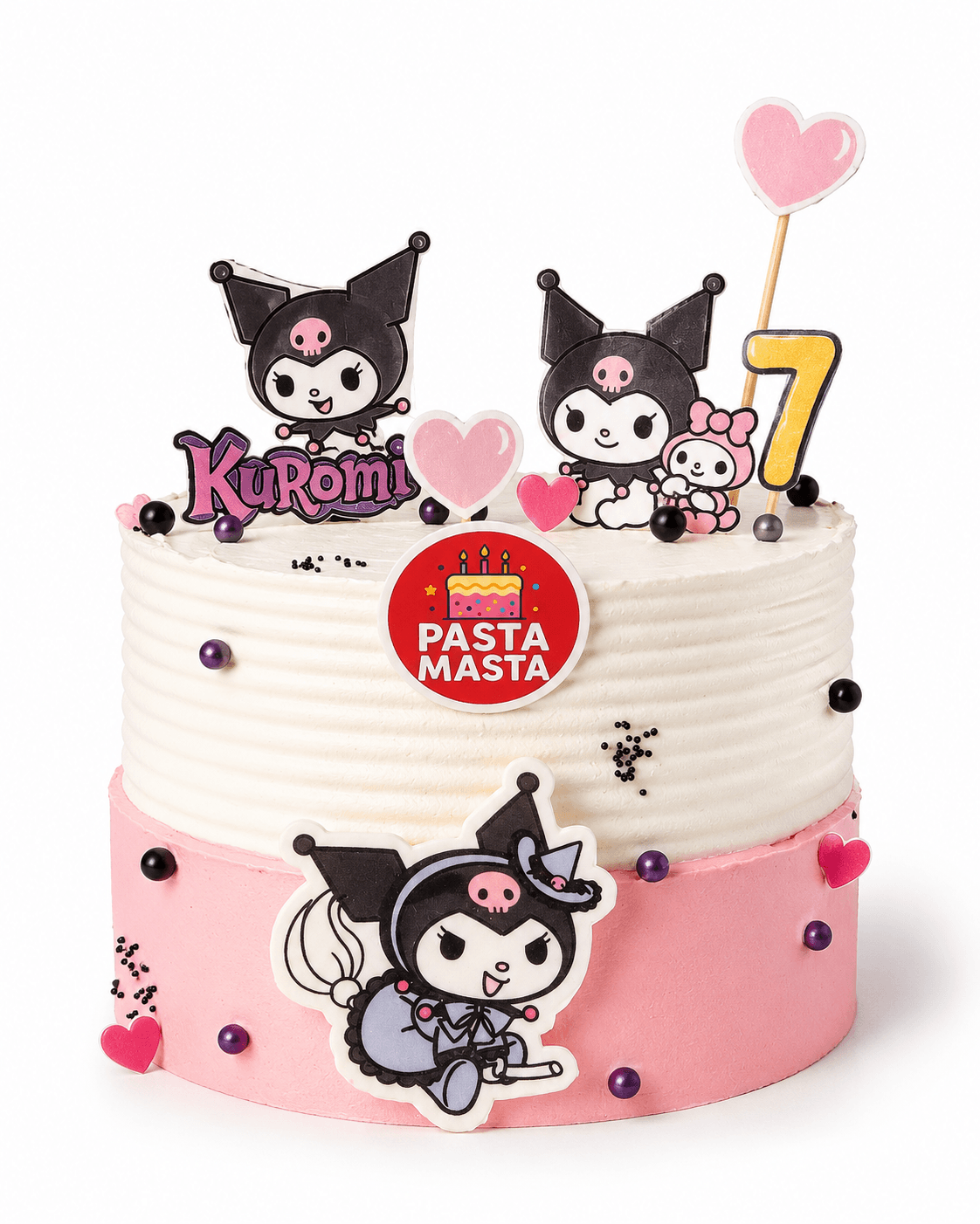 Kuromi figürlü, kalp ve balon detaylı doğum günü pastası